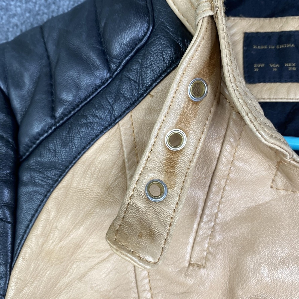 Zara Jacket Womens Medium Beige Black Leather Moto Asymmetrical Lambskin Cafe - Picture 4 of 10